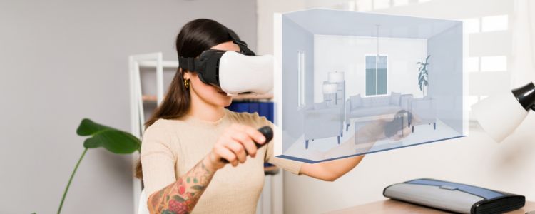 Woman using VR headset to create living room