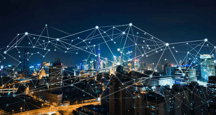 skyline of toronto with colocation grid graphic