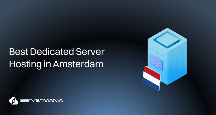 Hero banner advertising dedicated server hosting in Amsterdam, featuring a blue 3D server icon and a Netherlands flag beside it.