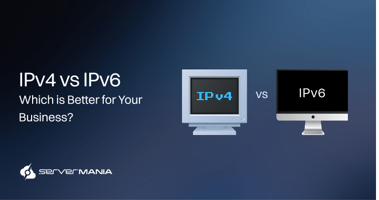 Comparison graphic: IPv4 vs IPv6 for business suitability, with two computer icons and 'IPv4 vs IPv6' title on a blue gradient background.
