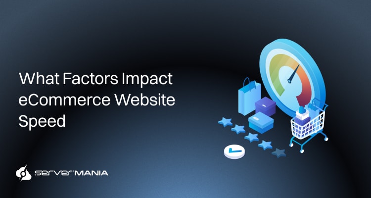 Illustration of a speed gauge with shopping bags, cart, and stars beside the title 'What Factors Impact eCommerce Website Speed'.