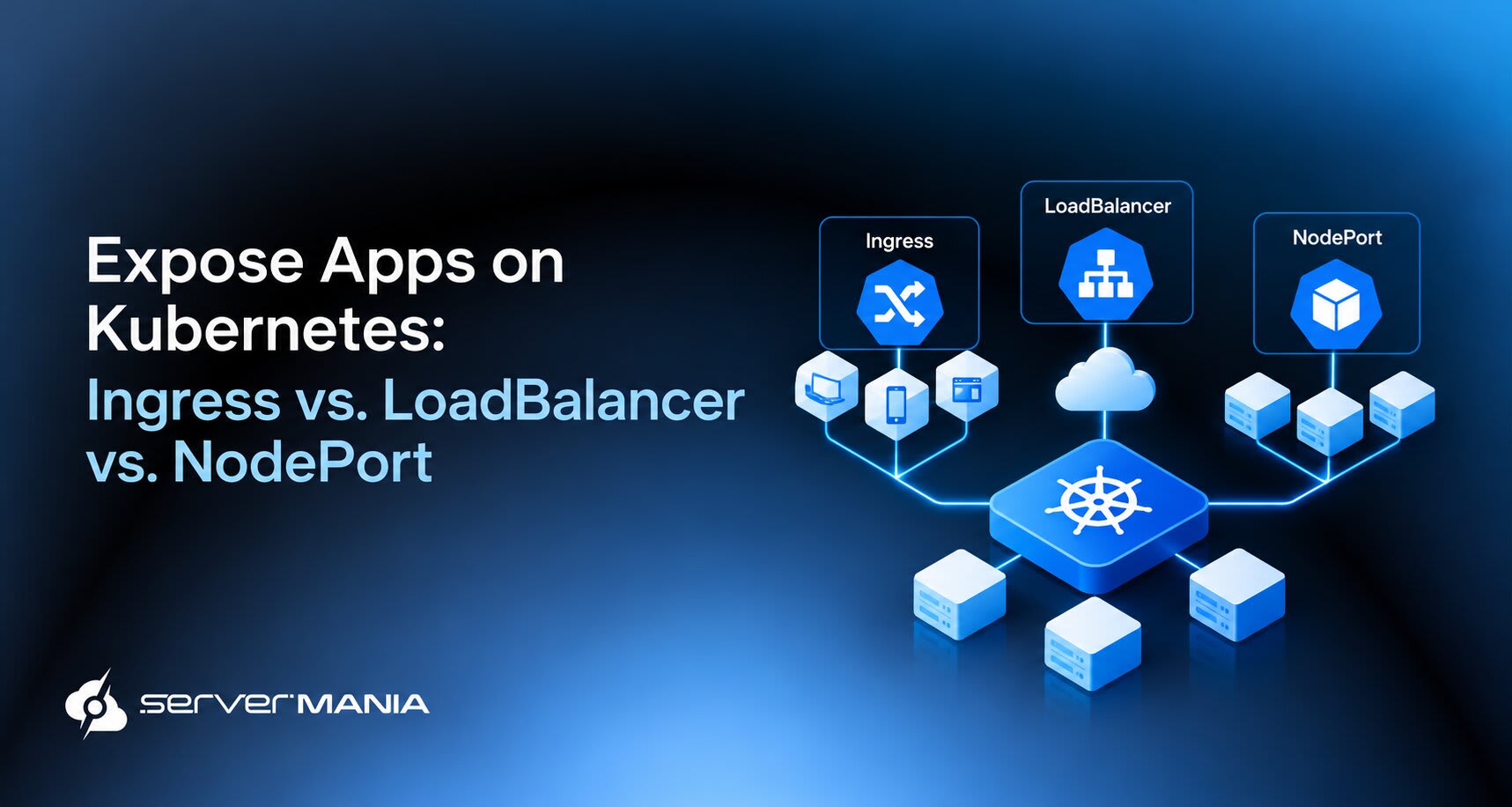 Banner announcing 'Expose Apps on Kubernetes: Ingress vs. LoadBalancer vs. NodePort' with blue gradient and Kubernetes icons, plus ServerMania logo.