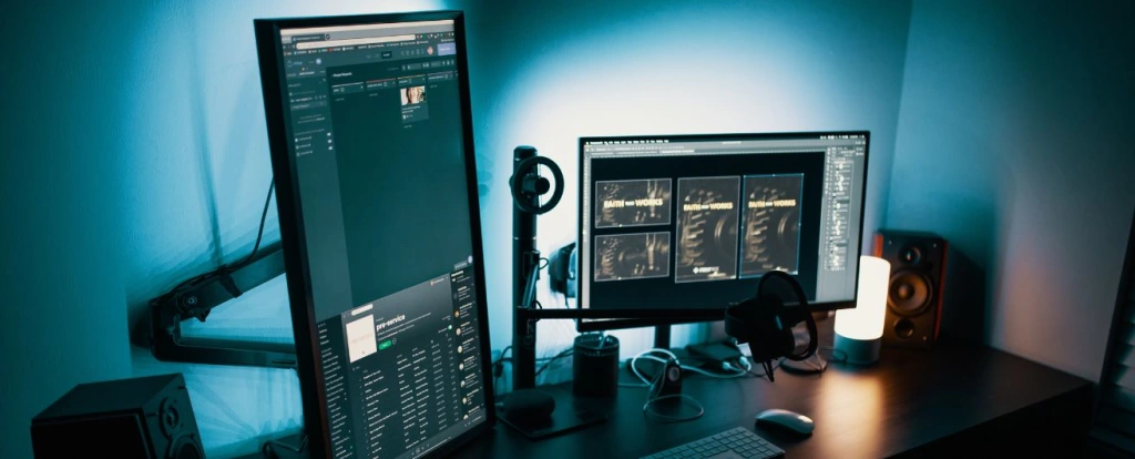 PC desk setup with one vertical montior and one horizontal monitor on stand with blue light in background