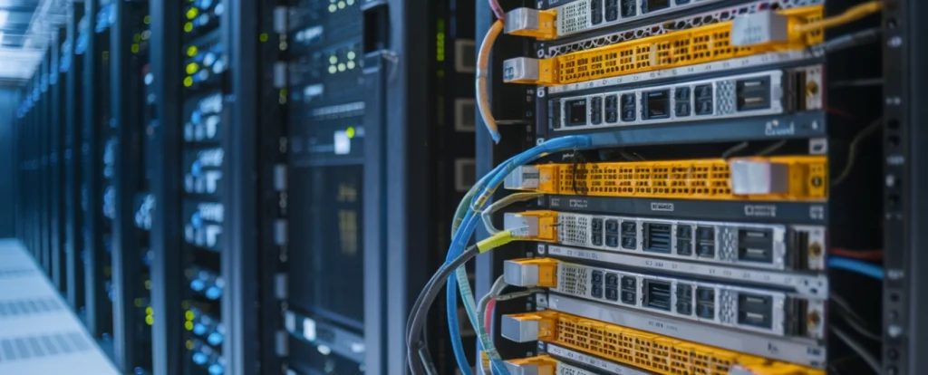 A decorative image showing the backside of a database server, located in a server room.