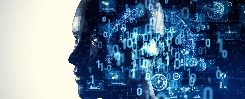A digital representation of a human head in profile, composed of abstract, glowing blue elements. Binary code, futuristic graphics, and data visualizations overlay the head, symbolizing artificial intelligence and advanced technology.
