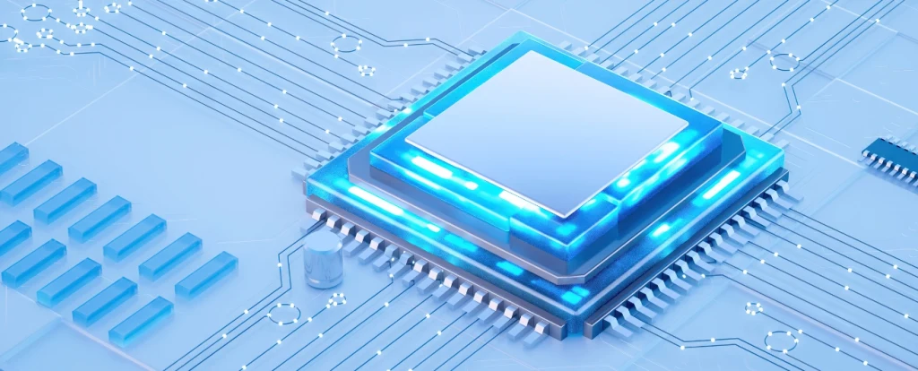 A futuristic microchip glowing with blue light, set on a light-colored circuit board with intricate pathways and components. The design emphasizes advanced technology and digital connectivity.