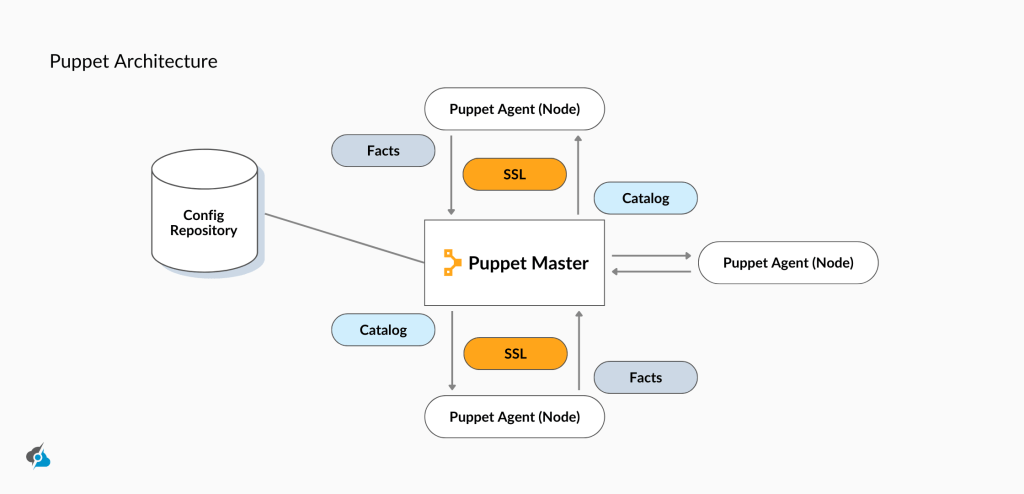 A diagram illustrating Puppet Architecture. On the left, a 'Config Repository' connects to the central 'Puppet Master' node. The Puppet Master communicates with multiple 'Puppet Agent (Node)' instances using catalogs, facts, and SSL authentication. Catalogs flow from the Puppet Master to agents, while facts return from agents to the Master. SSL-secured communication is indicated between the Master and agents.