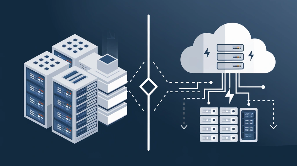 A decorative image showing cloud server vs dedicated server in an animated style.