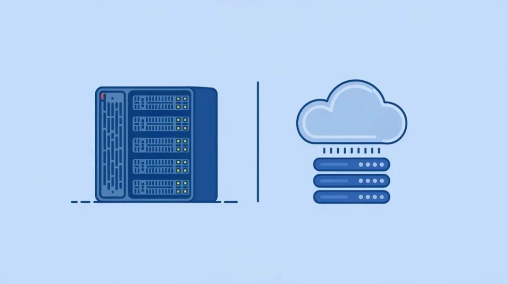 A minimalistic decorative image showing a dedicated server next to a cloud server.