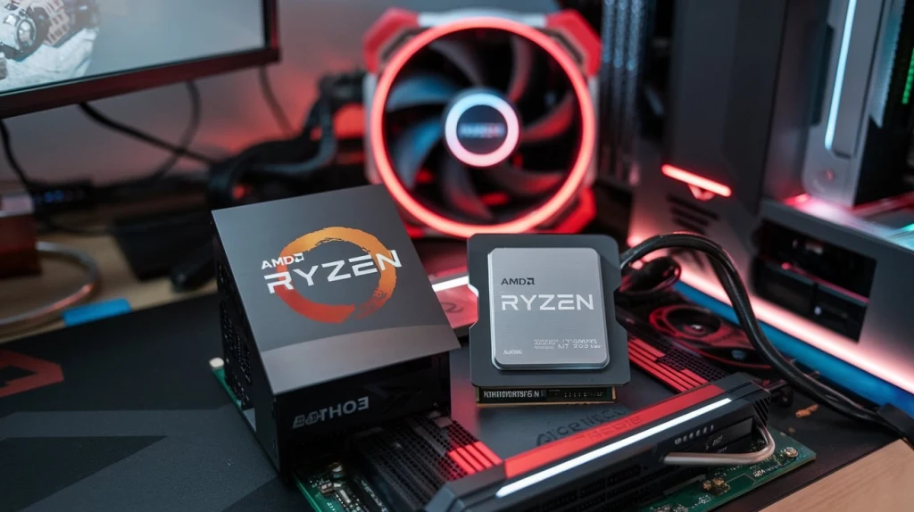 A featured image showing a motherboard with AMD Ryzen 9 9950X Vs 7950X CPUs, as well as the AMD CPU box.
