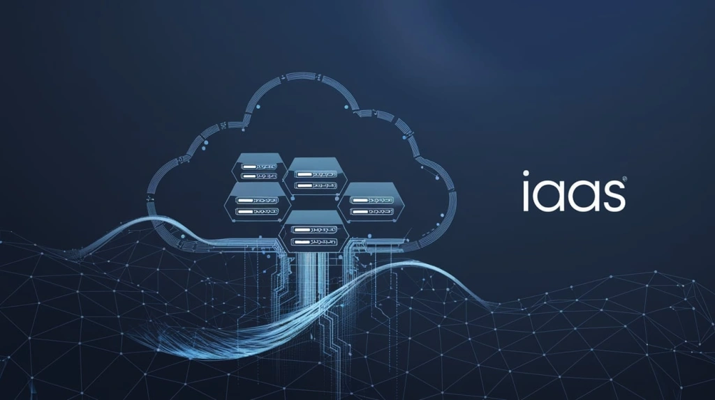 A decorative image showing a IaaS hybrid cloud model, of interlinked servers, just like in data centers.