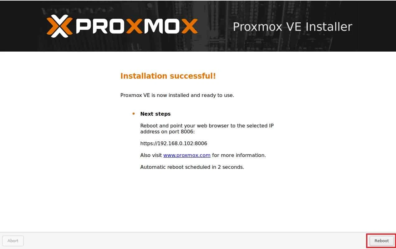 screenshot of promox ve installer