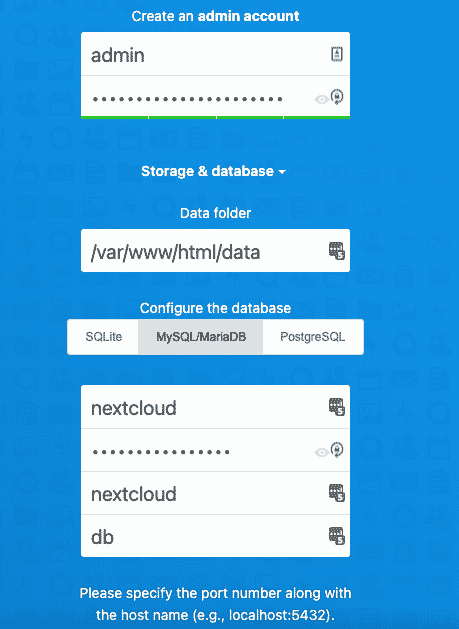 screenshot of creating nextcloud admin account