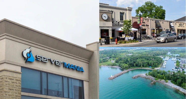 Collage of images including ServerMania office headquarter exterior sign, Stoney Creek Ontario beachfront, and Stoney Creek downtown street.