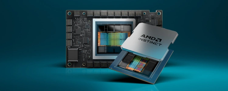 A decorative image shwoing the AMD Instinct MI300X Accelerator GPU.