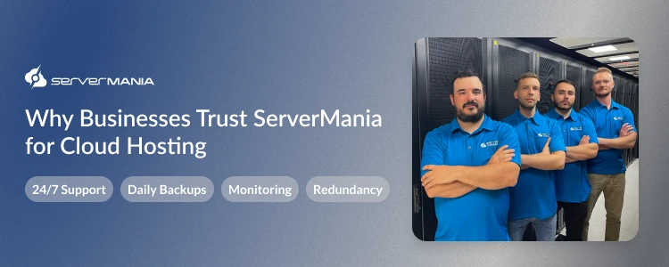 A CTA image showing the advantages of ServerMania cloud hosting.
