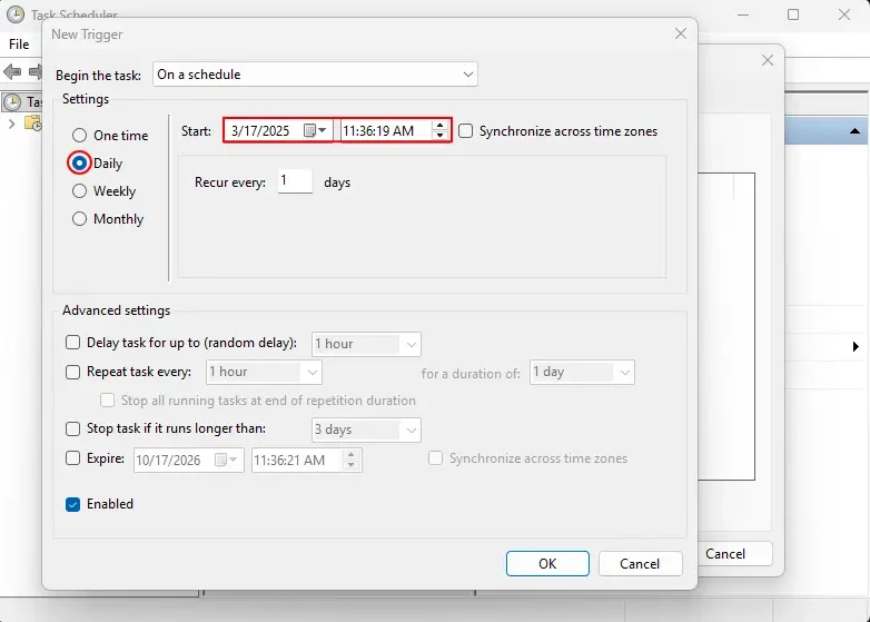 A informational image showing how to schedule a trigger in Windows Task Scheduler.