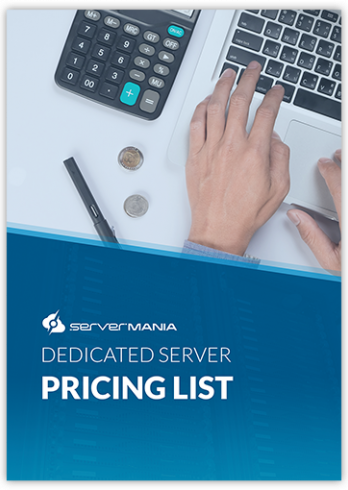 Cover of dedicated server pricing list document with a hand on a laptop