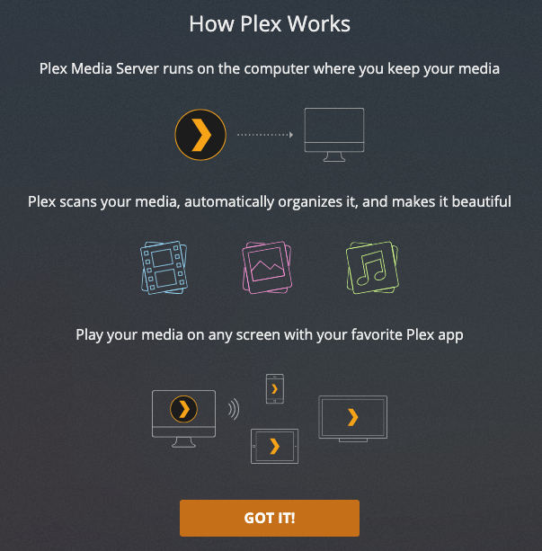 The Plex setup page guides you through the media server setup process.