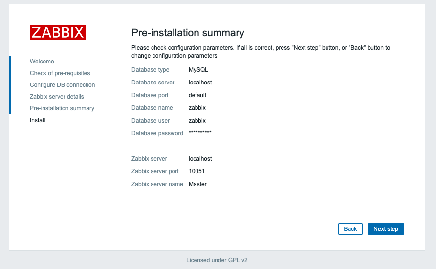 Zabbix pre-installation summary