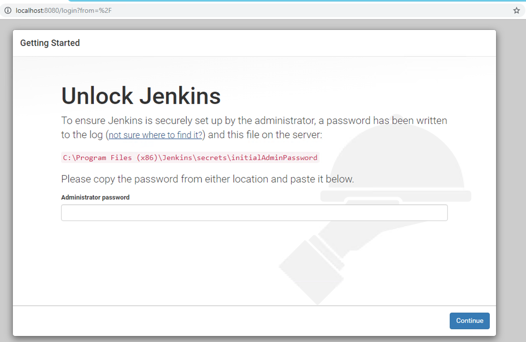 Enter Jenkins Admin Password Page