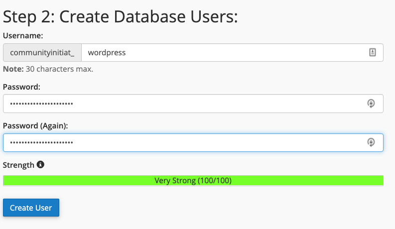 Enter a username and password for the database user